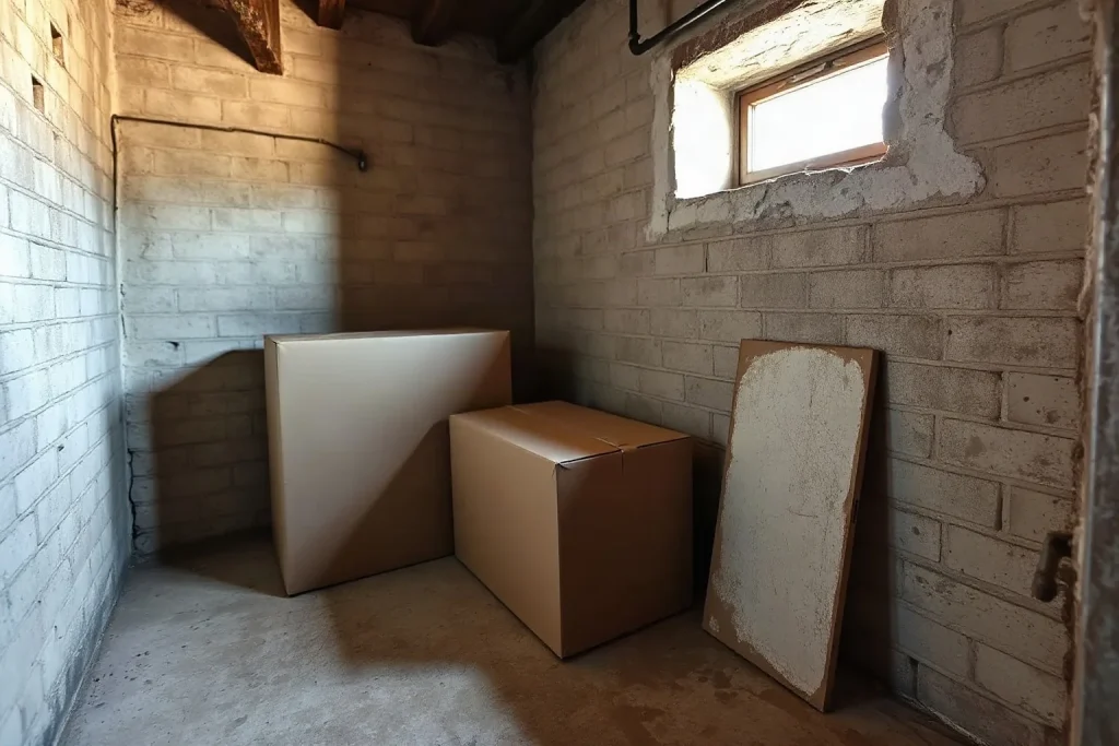 Angolo di una cantina con muri in mattoni, due scatoloni di cartone e una finestrella in alto