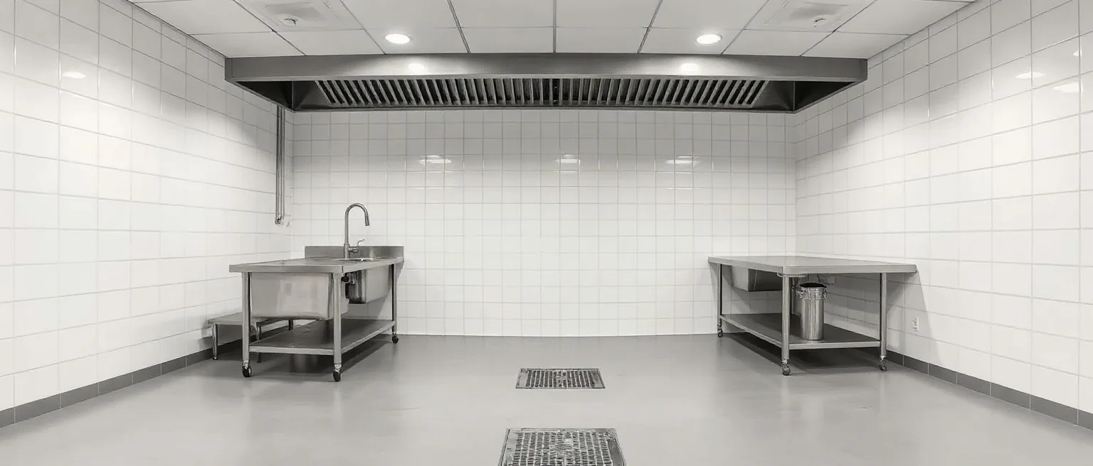 Cucina professionale vuota con banchi in acciaio, lavello e griglie di scarico nel pavimento