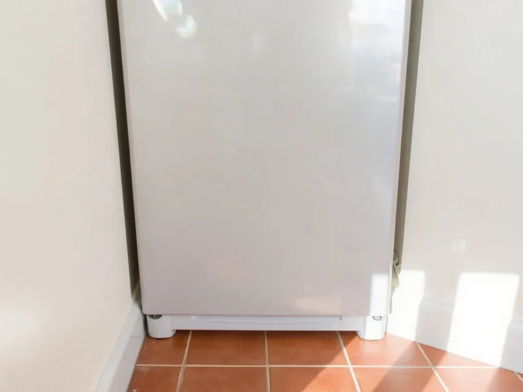 Frigorifero nella sua nicchia in cucina, con le fessure tra il frigo e il muro e il pavimento in cotto