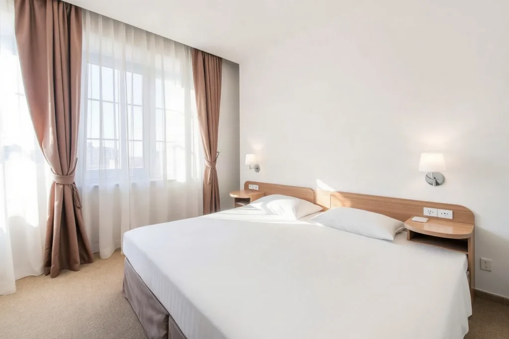 Una camera d'albergo vuota con il letto matrimoniale rifatto e le tende chiare alla finestra