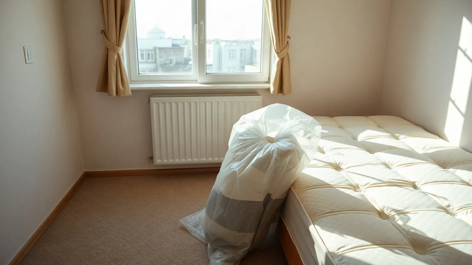 Una camera col materasso nudo e la biancheria chiusa in un grande sacco trasparente accanto al letto