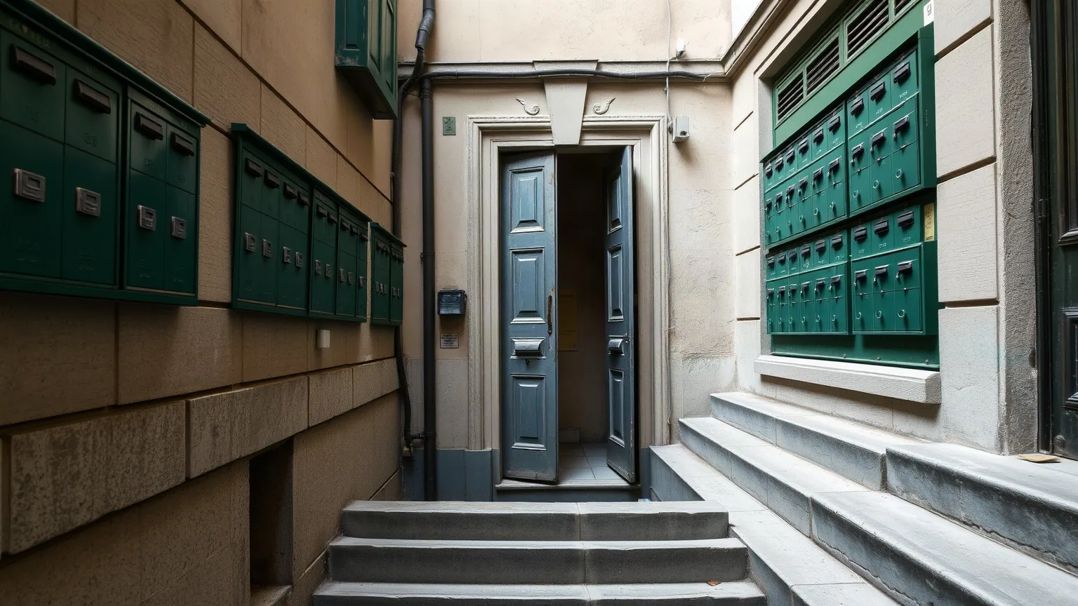 Androne di un palazzo con le cassette della posta verdi, i gradini in pietra e la porta socchiusa
