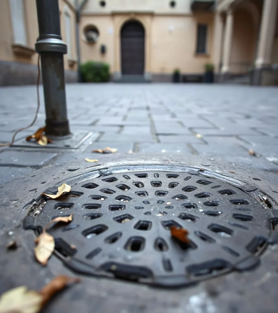 Tombino rotondo in ghisa nel cortile lastricato di un palazzo, accanto al tubo della grondaia, con qualche foglia secca