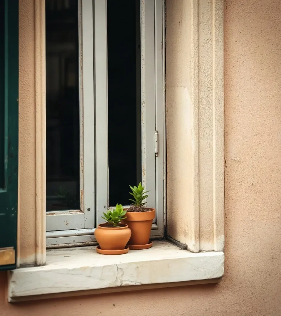 Un davanzale in pietra con due vasi in terracotta e il bordo dell'intonaco