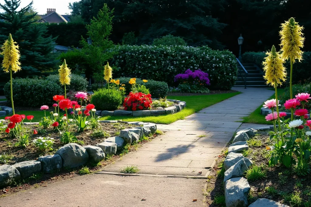 Un giardino con aiuole fiorite bordate di pietre e un vialetto lastricato