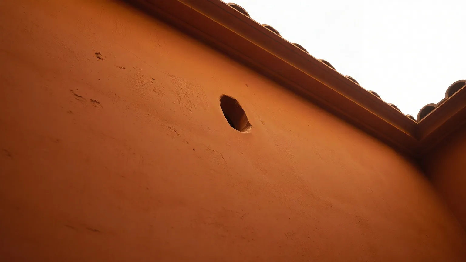 Un muro d'intonaco arancione visto dal basso, con un piccolo foro vicino al cornicione del tetto