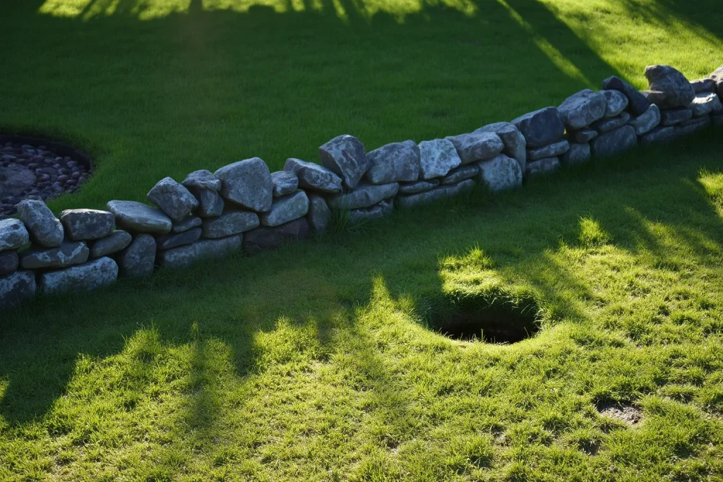 Un prato accanto a un muretto di pietre, con un piccolo buco nel terreno alla luce del pomeriggio
