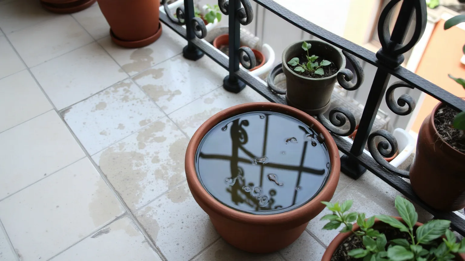 Un vaso pieno d'acqua piovana sul pavimento di un balcone con la ringhiera in ferro