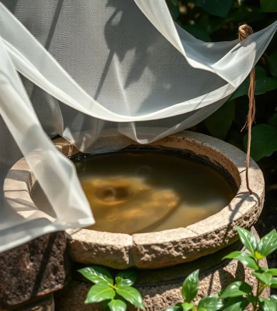 Una vasca di pietra in giardino con l'acqua ferma e un telo a rete sopra